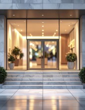 Modern building entrance with stairs, glass facade, and plants in warm evening light, empty