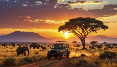 African savannah sunrise with a jeep safari and elephants, AI generated