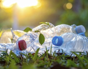 Crushed plastic water bottle waste in a wild landscape, symbol for nature protection, waste