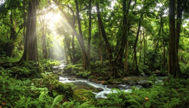 Banner background of tropical forest landscape scene, green wild jungle, cloudy sky at morning,