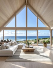 Peaceful A-frame cabin interior with ocean views, real estate lifestyle and travel destination,