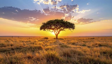 Single acacia tree in the savannah at sunset, solitude in the wild, dry grass in the foreground,
