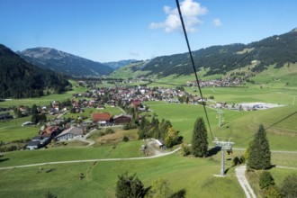 View from the Neunerköpflebahn of Tannheim and the Tannheimer Valley, Allgäu Alps, Tyrol, Austria