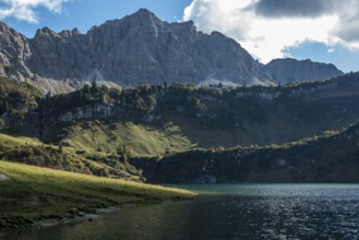 Traualpsee, in the back of Lachenspitze, Allgäu Alps, Tannheim, Tyrol, Austria