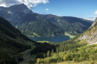 View of Vilsalpsee, Allgäu Alps, Tannheim, Tannheimer Tal, Tyrol, Austria