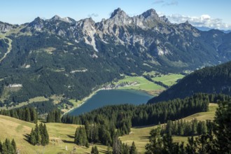 View from Neunerköpfle of Haldensee with Haller, Tannheimer Berge, Schartschrofen and Rote Flüh