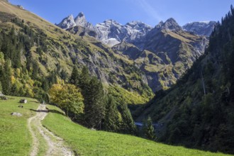 Hiking trail in Bacherloch Valley, back mountains of the Allgäu Alps with Trettachspitze,
