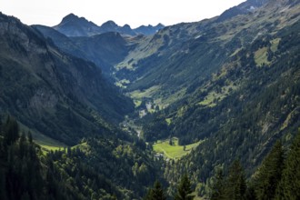 View of the Rappenalptal, near Einödsbach, Birksau, Oberstdorf, Oberallgäu, Allgäu, Bavaria Germany