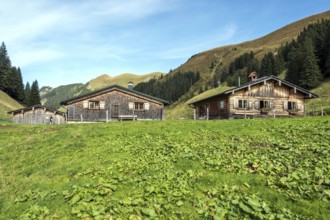 Hintere Einödsberg-Alpe, behind mountains of the Allgäu Alps with Trettachspitze, Mädelegabel,