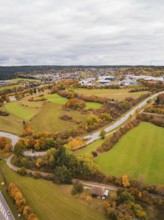 Winding roads through hilly, autumnal landscape with fields and forests, Dornstetten, Freudenstadt