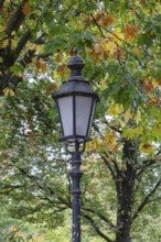 Historic lantern in front of trees with colorful autumn leaves in the park, Münsterland, North