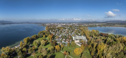 Aerial view, panorama with view over Mettnaupark and the town of Radolfzell am Lake Constance, the