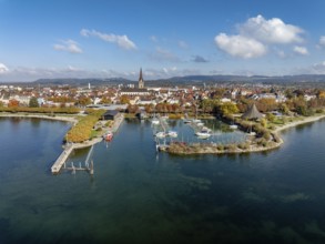 Aerial view of the town of Radolfzell on Lake Constance with the Wäschbruckhafen, harbour pier and