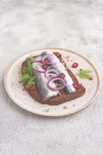 Sandwiches, Herring fish, on dark rye bread, sprinkled with onion, chili pepper and herbs, on a
