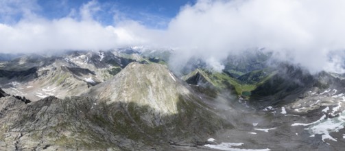 360° alpine panorama, aerial view, Lasörling summit, Lasörling Group, Hohe Tauern, East Tyrol,