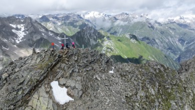 Hikers at the summit, aerial view, Lasörling summit, Lasörling Group, Hohe Tauern, East Tyrol,