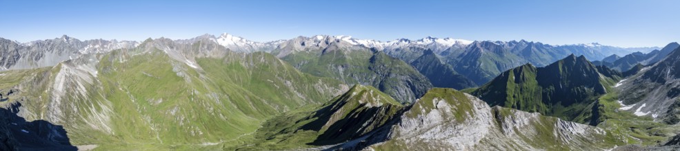 360° alpine panorama, aerial view with summit of Grossvenediger, Venediger Group and Lasörling