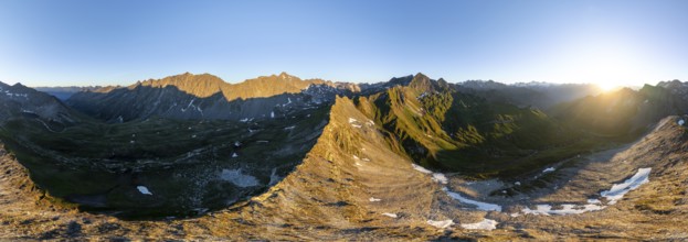 Sunrise 360° Alpine panorama, aerial view of Bachlenkenkopf, summit of the Großvenediger, Venediger