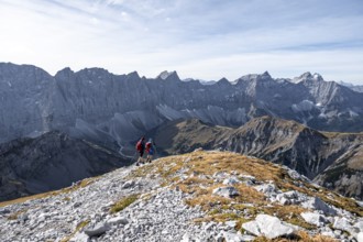 Two hikers on hiking trail, hiking to Gamsjoch, eastern Karwendel, Tyrol, Austria