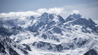 View of mountain panorama with mountain peaks of the Bernina Group, mountain landscape in winter,