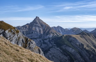 Mountain landscape with distinctive peaks under clear sky, eastern Karwendel, Tyrol, Austria