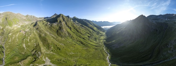 Alpine panorama, aerial view, Lasörlinghütte mountain hut in evening light, mountain landscape with