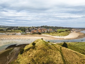 Alnmouth and River Aln Estuary from drone, Alnwick, Northumberland, England, United Kingdom