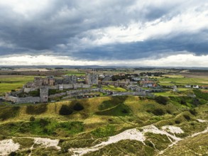 Bamburgh Castle from a drone, Northumberland, Northeast Coast, England, United Kingdom