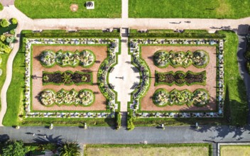 Top Down view over Italian Garden in Abbey Park from drone, Torquay, Torbay, Devon, England, United