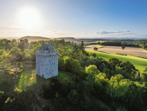 Fatlips Castle from a drone, Minto Crags, River Teviot, Roxburghshire, Scottish Borders, Scotland,
