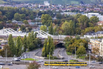 Bridges across the Neckar in Bad Cannstatt with Rosenstein Park. The ICE is still running on the