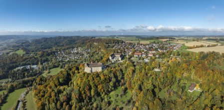 Aerial view, panorama of Heiligenberg Castle, a Renaissance-style palace complex, Tübingen