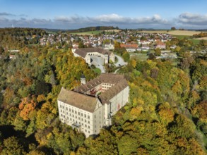 Aerial view of Heiligenberg Castle, a Renaissance-style palace complex, Tübingen administrative