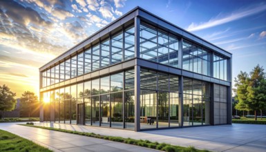 Modern architectural framework with glass and steel structure, glass facade with a greed of steel