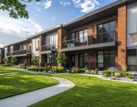 Modern apartment building with balconies and well-kept landscaping at sunset, Modern multifamily