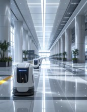 Autonomous cleaning roboter at modern airport terminal, showcasing advanced technology, daylight in