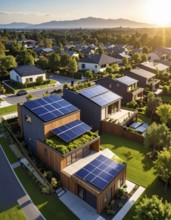 Aerial view showcases modern houses with solar panels and green roofs in a suburban setting,