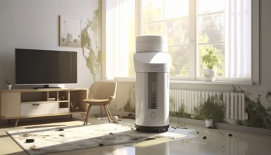 A specialized dehumidifier operates in a mold-infested room following water damage, Shell