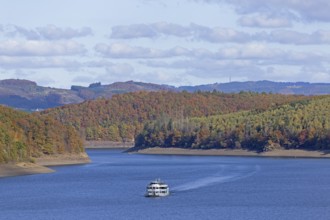 Excursion boat, Biggesee near Sondern, Olpe, Sauerland, North Rhine-Westphalia, Germany