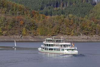 Excursion boat, Biggesee near Sondern, Olpe, Sauerland, North Rhine-Westphalia, Germany