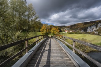 Wooden bridge across the Danube to Käppeler Manor with St. George's Basilica near Thiergarten in