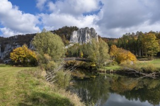 Wooden bridge across the Danube in the Upper Danube Valley, surrounded by autumn vegetation,