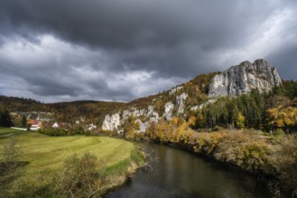 View of the Danube, surrounded by autumn vegetation, on the left the Käppeler estate with the St.