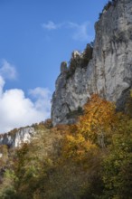 Distinctive Jurassic limestone cliffs in the upper Danube Valley, surrounded by autumn vegetation,