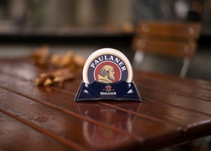 Outdoor astronomy, beer mat, table, Paulaner restaurant am alten Postplatz, lettering, logo,