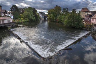 View of the Pegnitz with the river weir, on the right the historic Jewish Tower, Lauf an der