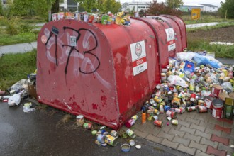 Overfilled can containers, Eckental, Middle Franconia, Bavaria, Germany