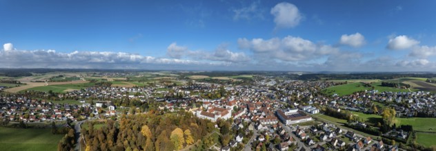Aerial view, panorama of the city of Messkirch with Messkirch Castle and Castle of the Counts of
