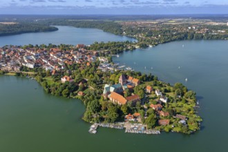 Aerial view over Ratzeburger Dom, late Brick Romanesque cathedral in the town Ratzeburg and the