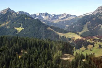 View of Kleinwalsertal and Schwarzwassertal, back mountains of the Allgäu Alps, Vorarlberg, Austria
